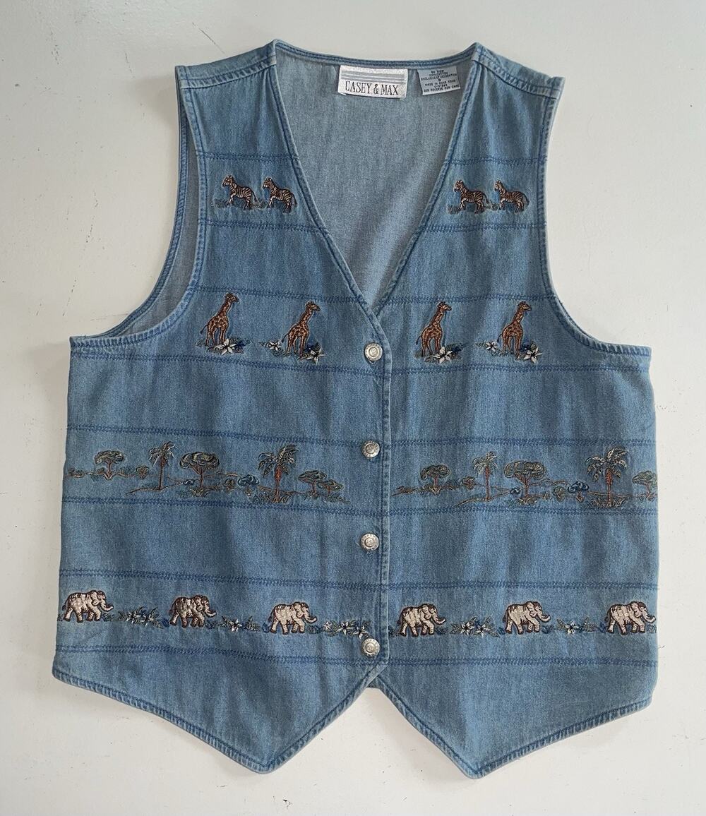 Vintage 90s Casey & Max Safari Button Front Vest Women Sm Blue Denim Grandmacore